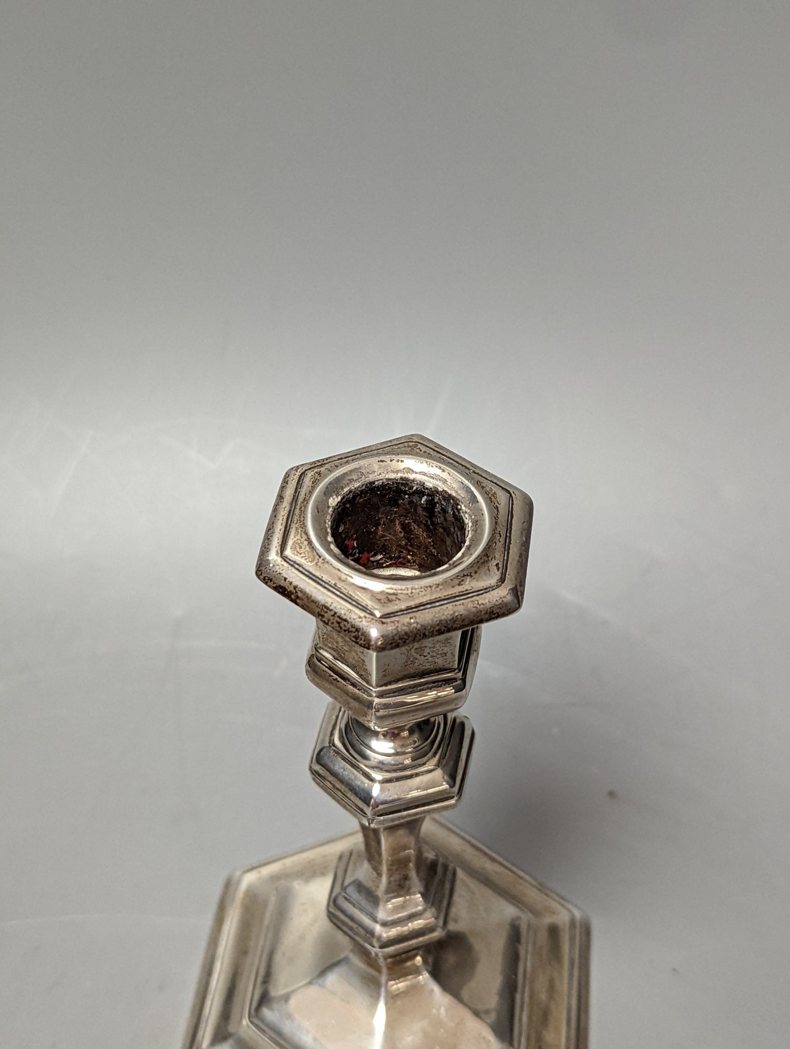 A late Victorian silver hexagonal candlestick, Thomas Bradbury & Sons, London, 1897, 17.3cm, weighted.
